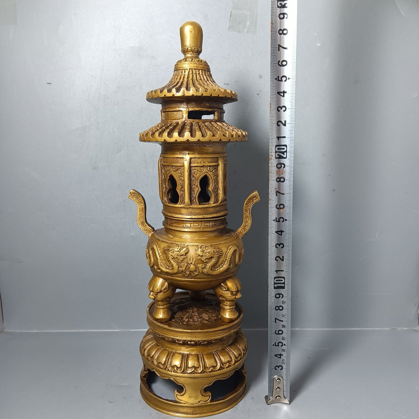 Chinese antique pure copper double dragon tower ornaments