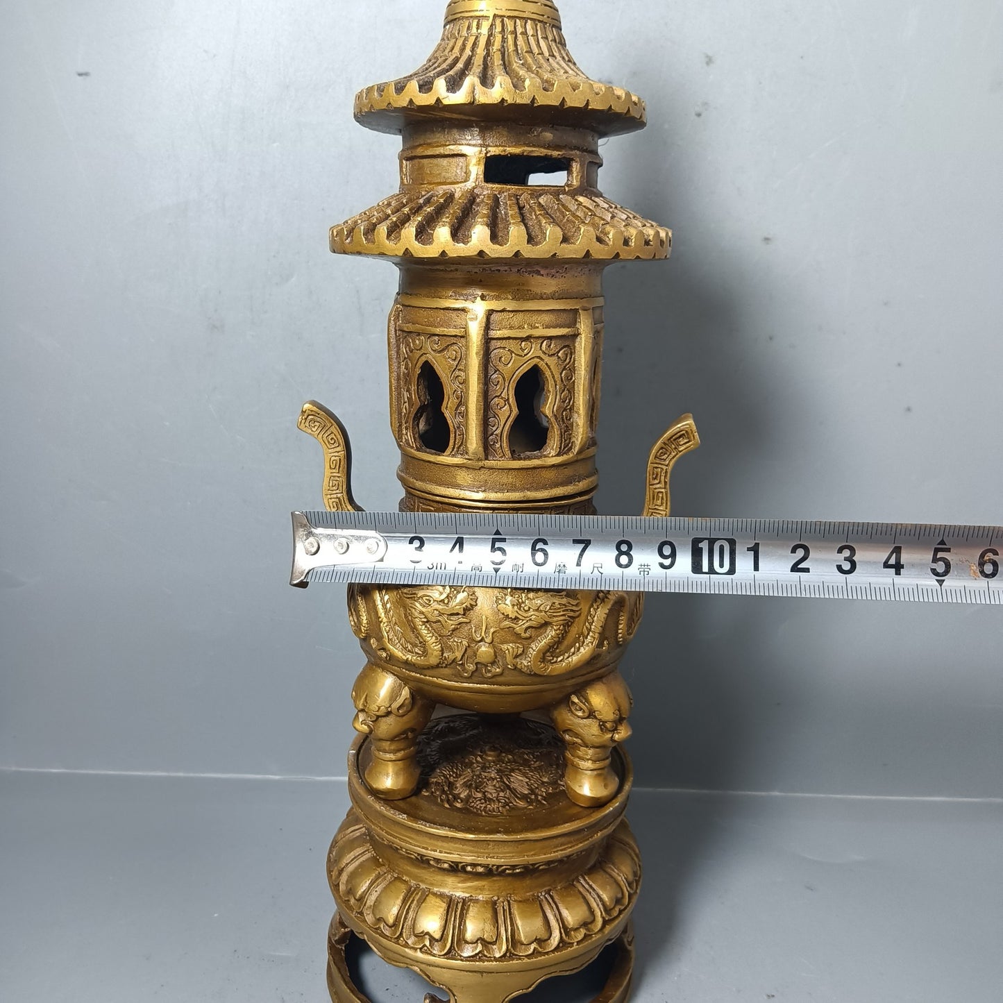 Chinese antique pure copper double dragon tower ornaments