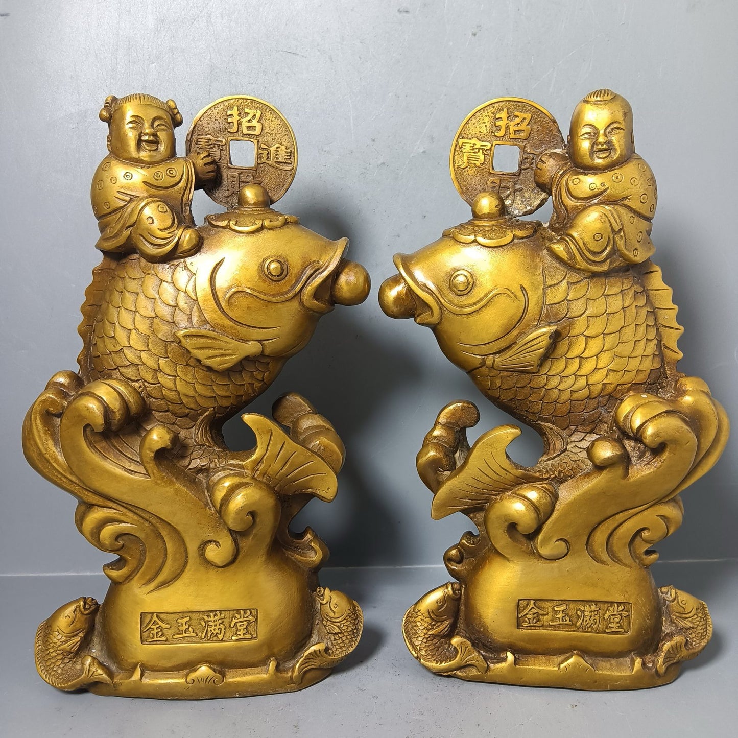 A pair of Chinese antique pure copper goldfish ornaments for attracting wealth