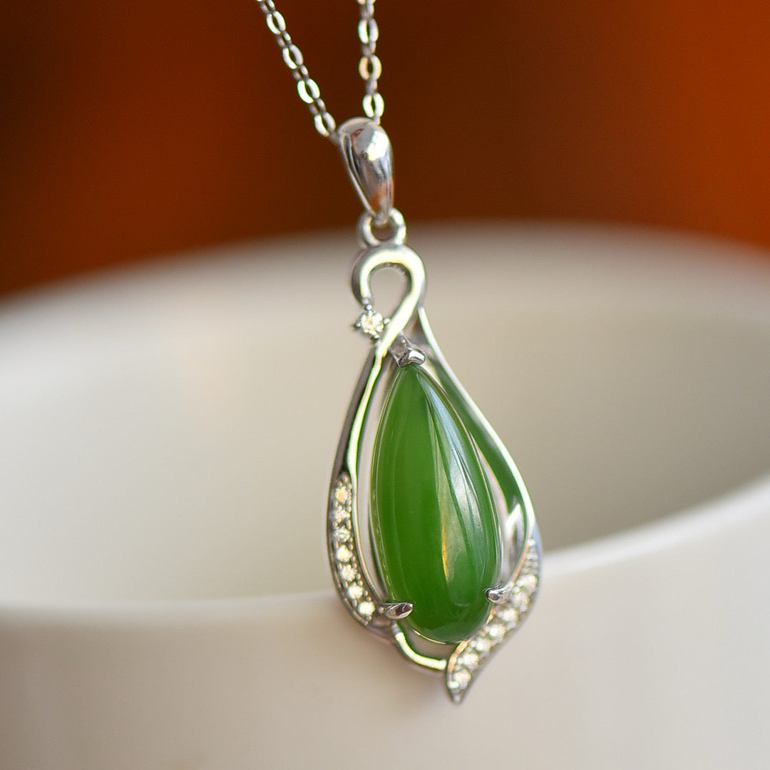 Silver inlaid Hotan Jade jasper water drop pendant