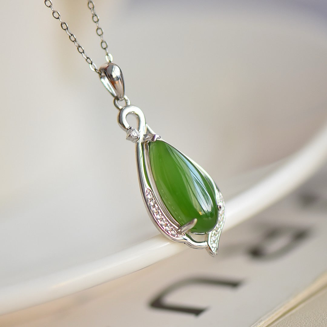 Silver inlaid Hotan Jade jasper water drop pendant