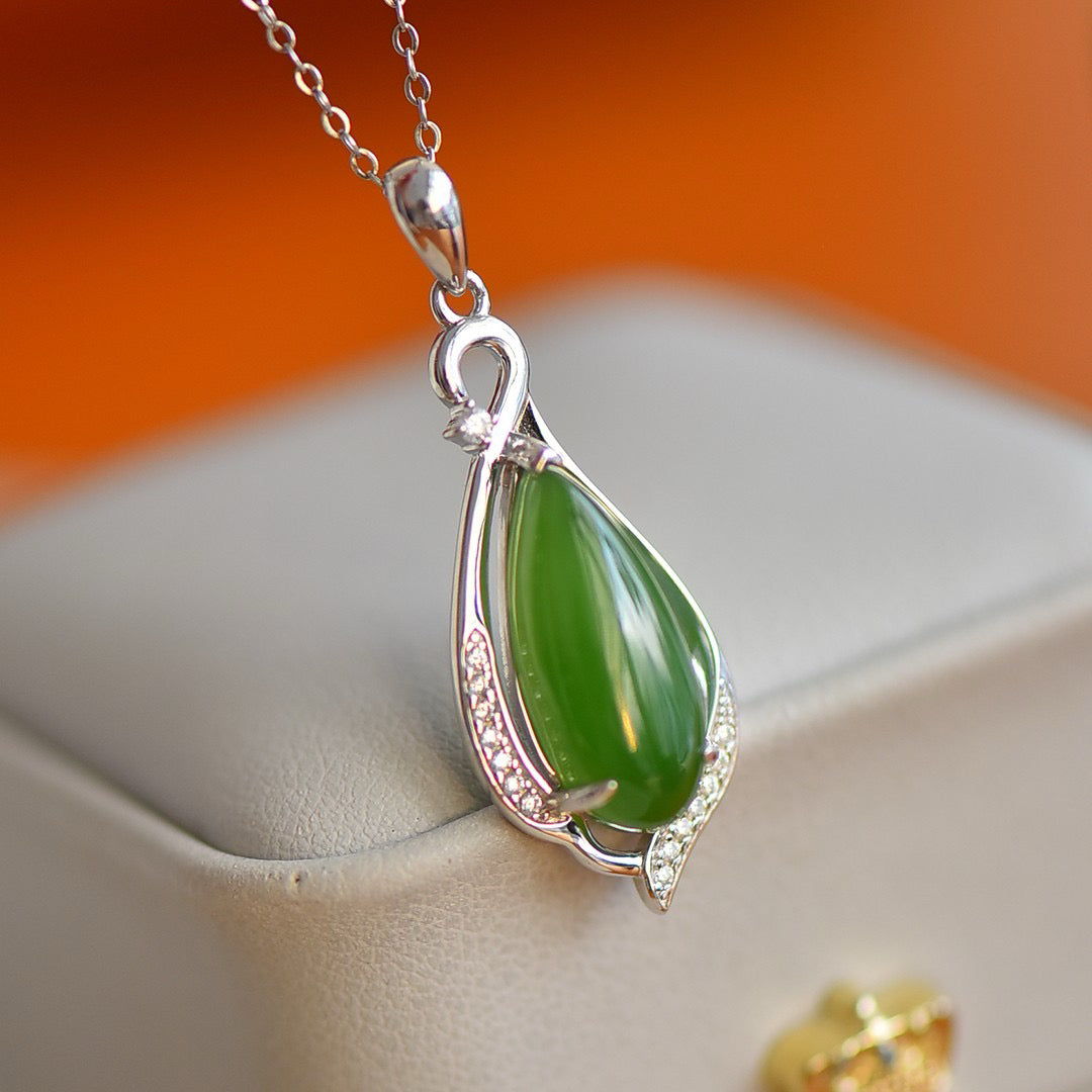 Silver inlaid Hotan Jade jasper water drop pendant