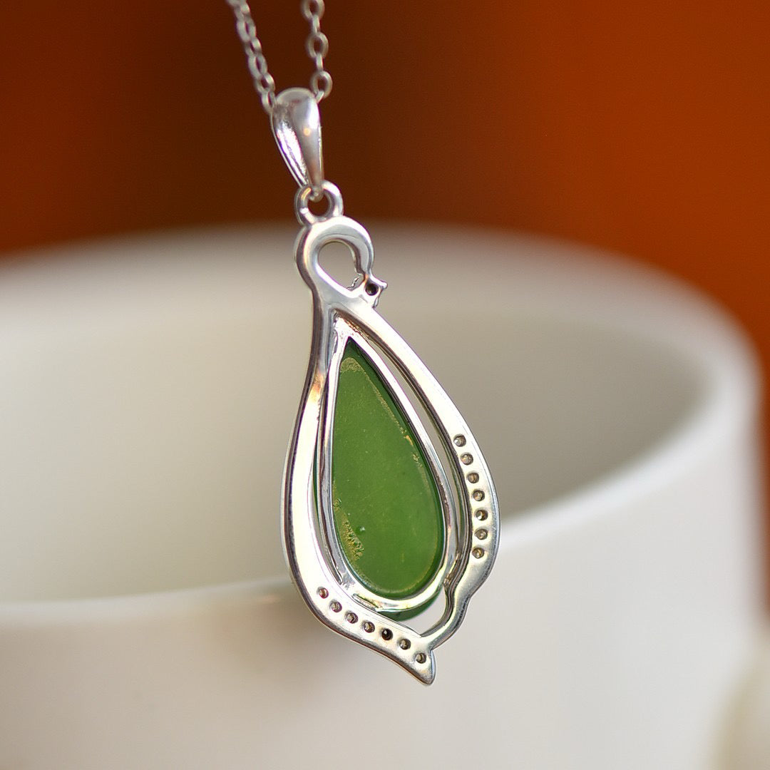 Silver inlaid Hotan Jade jasper water drop pendant