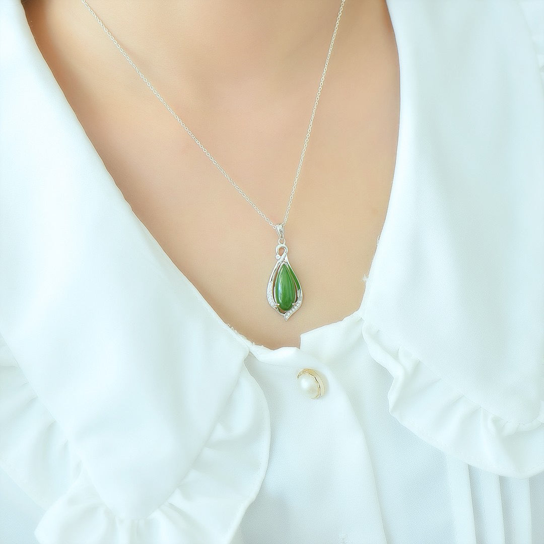 Silver inlaid Hotan Jade jasper water drop pendant