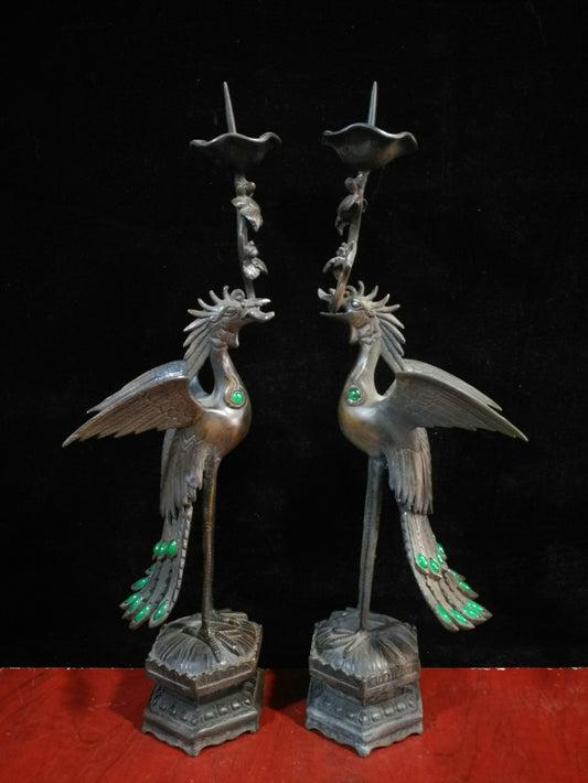 Pure copper inlaid gemstone peacock candle holder