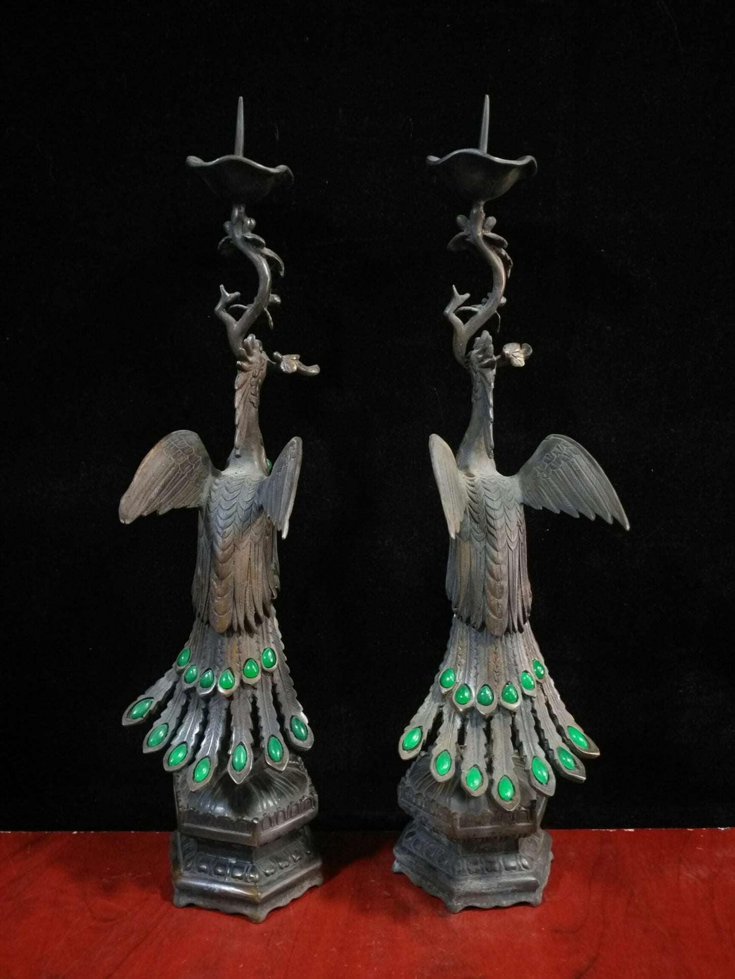 Pure copper inlaid gemstone peacock candle holder