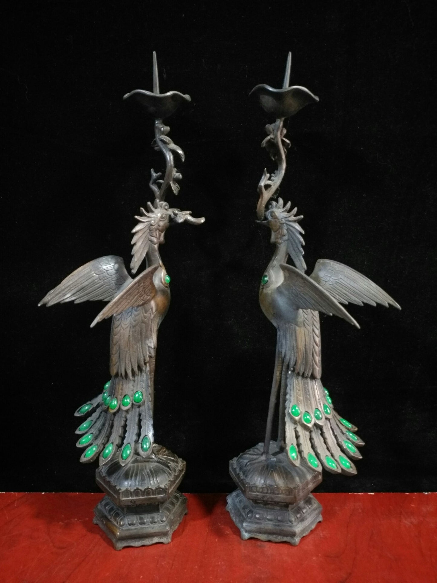 Pure copper inlaid gemstone peacock candle holder