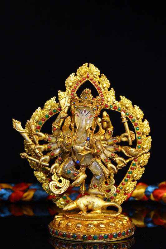 Natural crystal, pure handmade hammering, carving, pure handmade filigree inlay with gemstones, elephant nosed God of Wealth