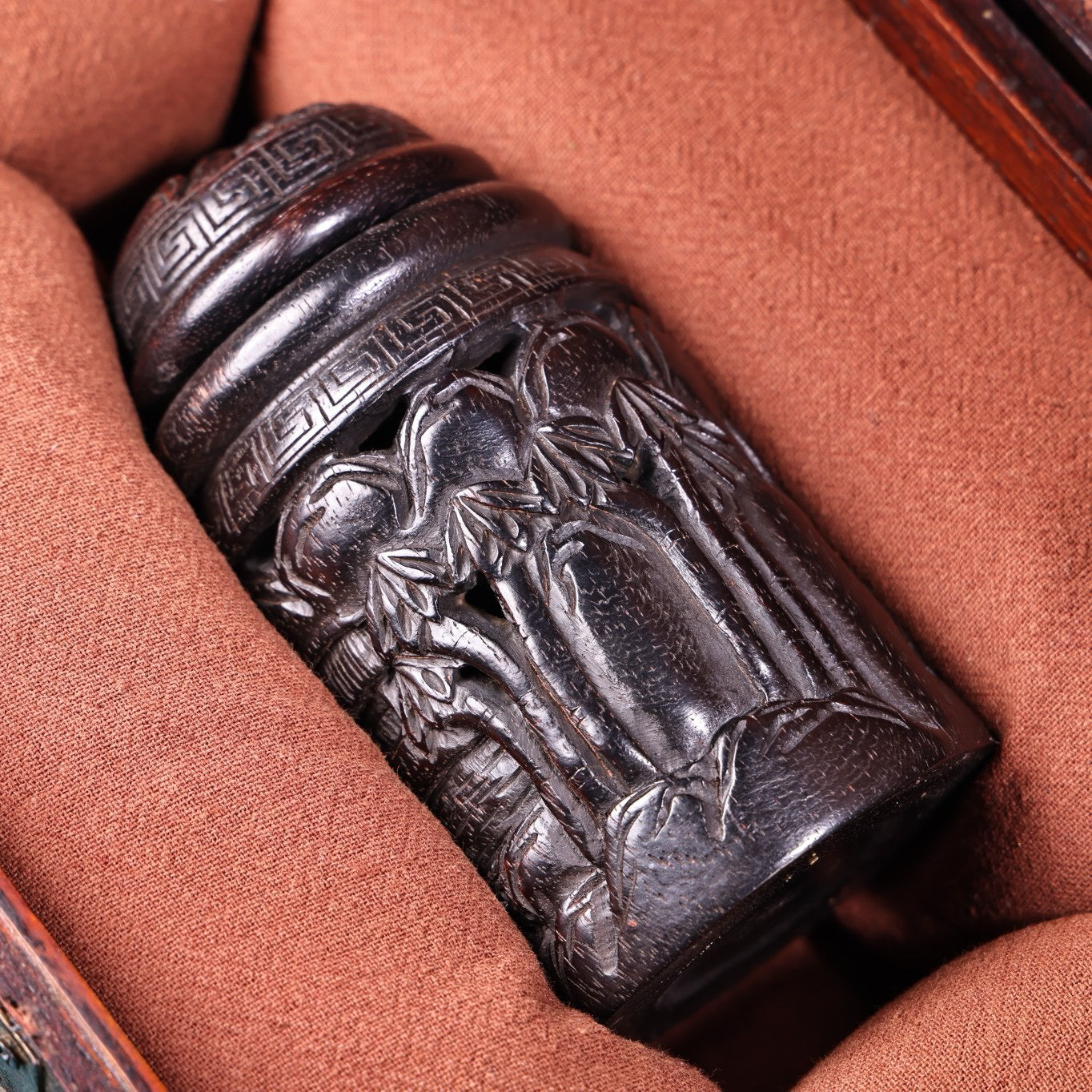 High relief handmade carved rosewood cricket jar
