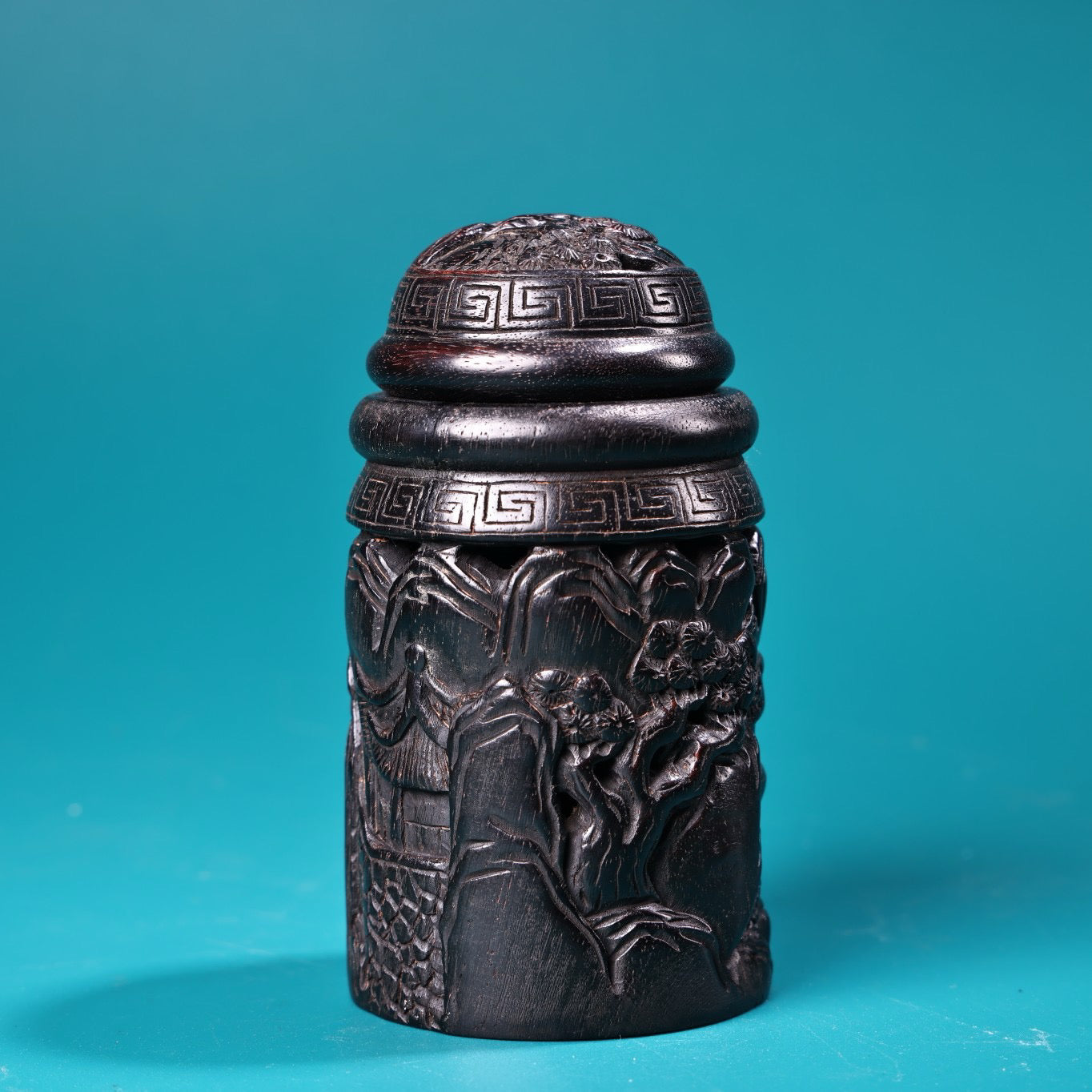 High relief handmade carved rosewood cricket jar