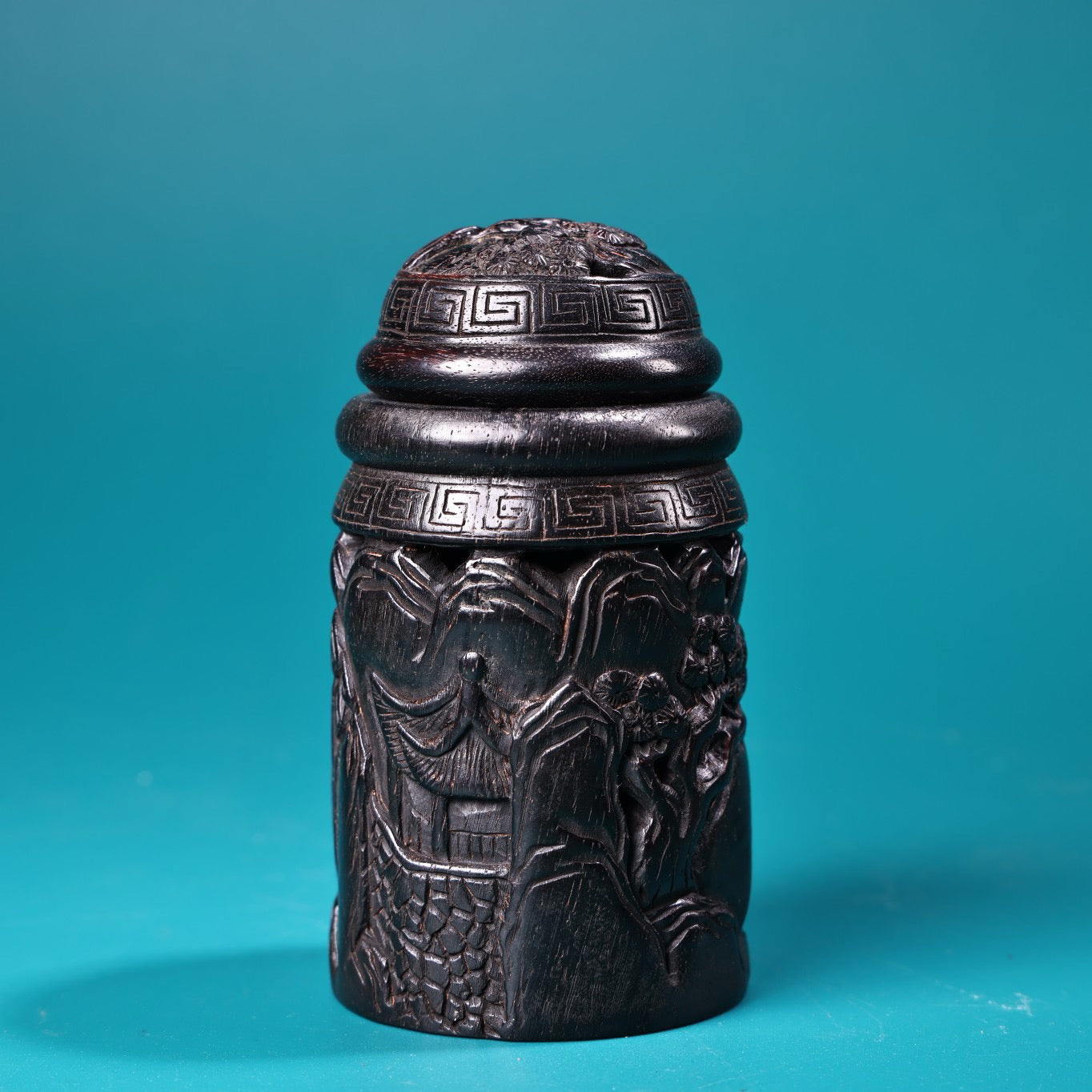 High relief handmade carved rosewood cricket jar
