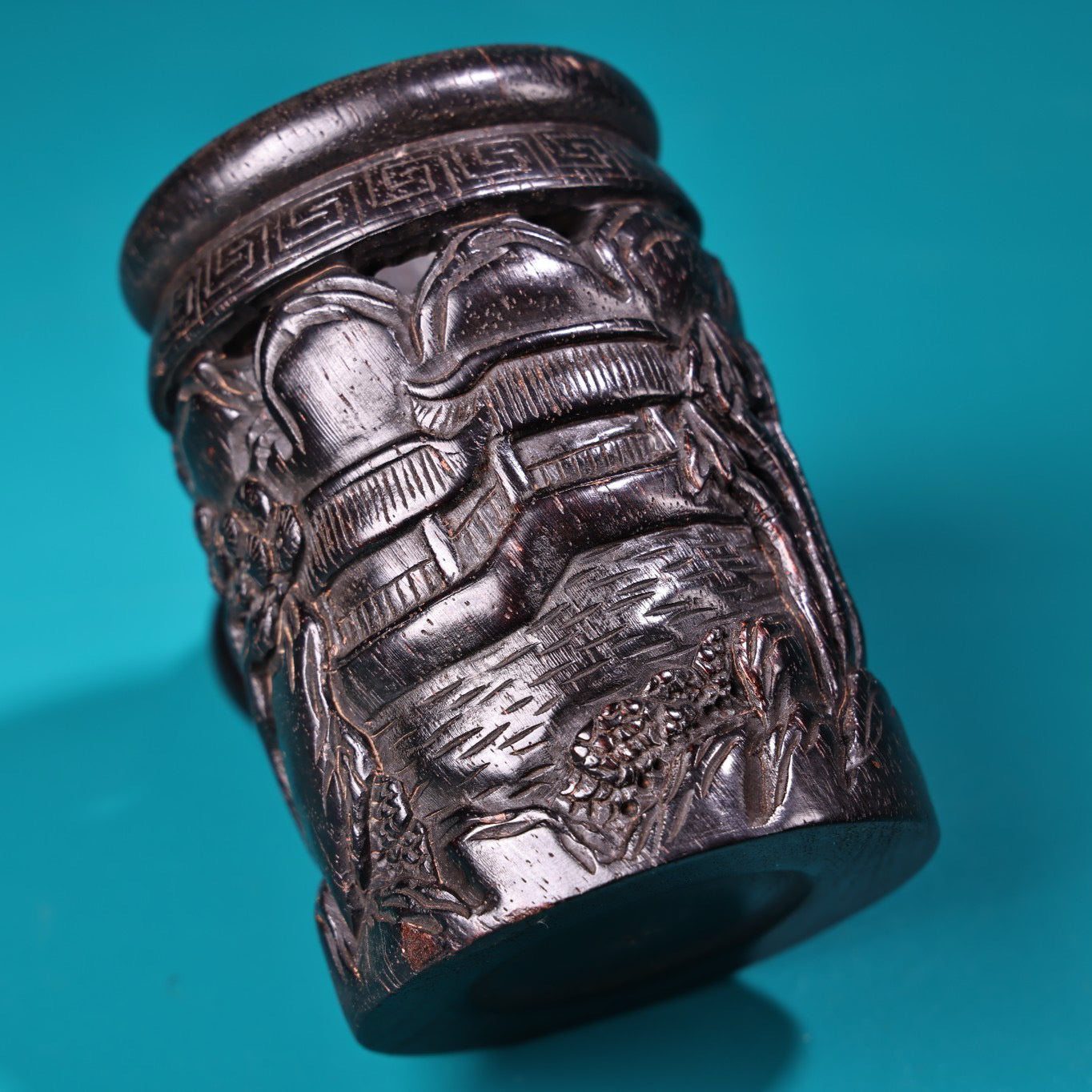 High relief handmade carved rosewood cricket jar