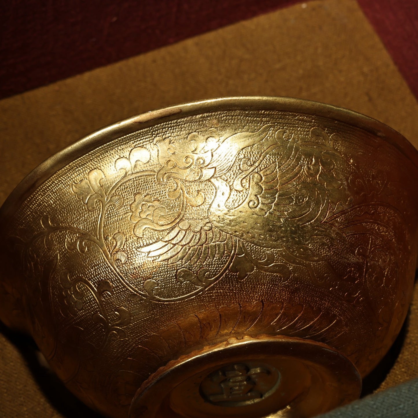 Chinese antique pure copper relief gold-plated bowl