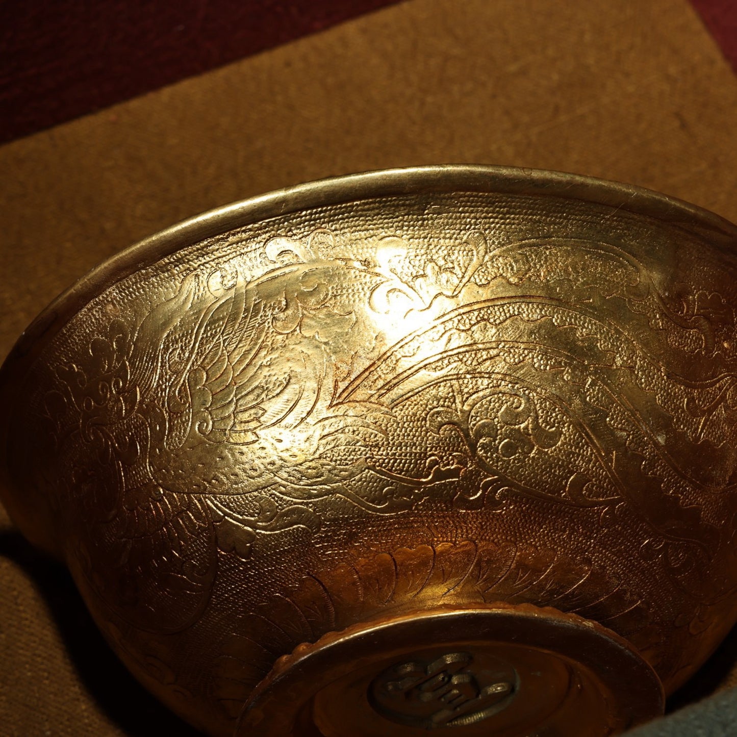 Chinese antique pure copper relief gold-plated bowl