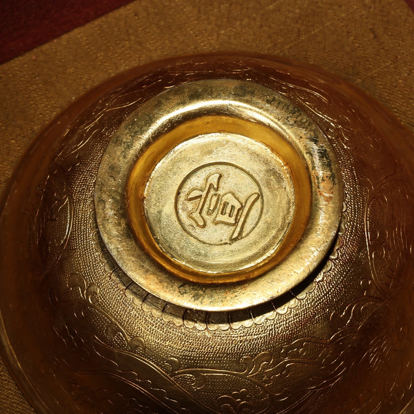 Chinese antique pure copper relief gold-plated bowl