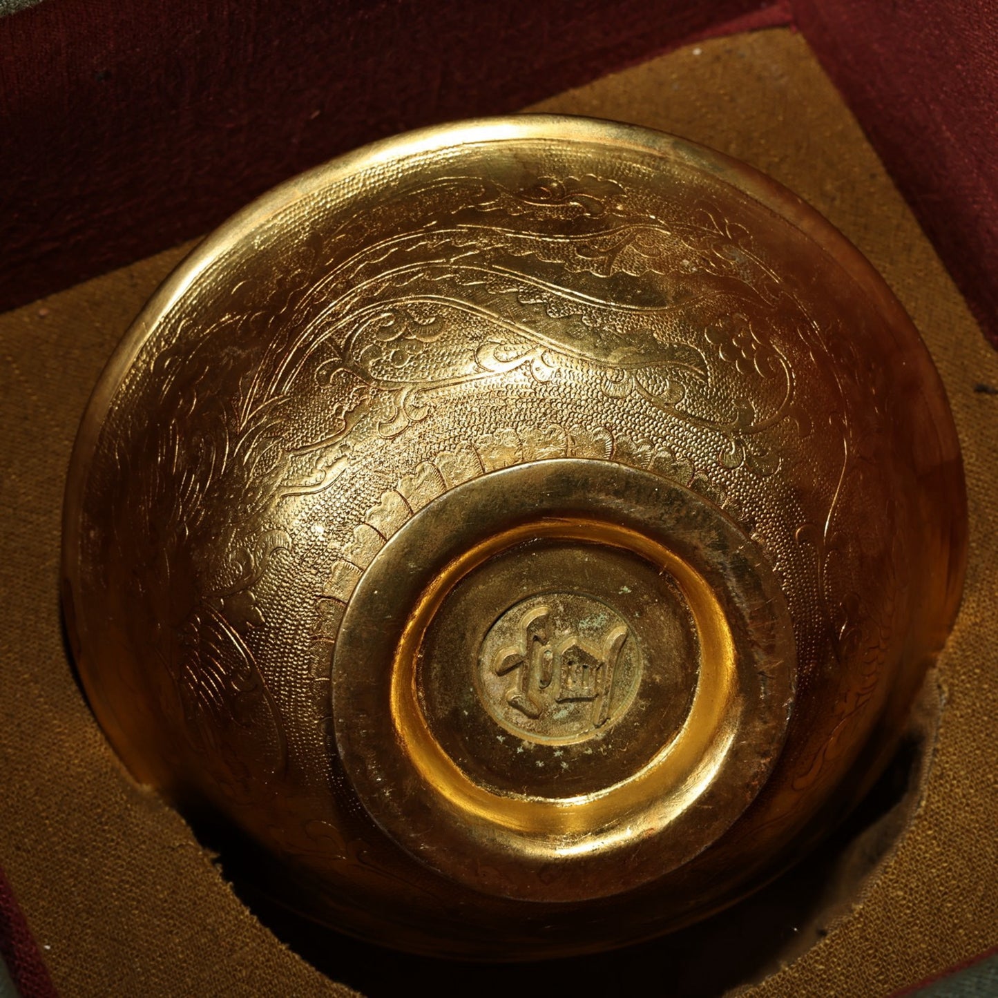 Chinese antique pure copper relief gold-plated bowl