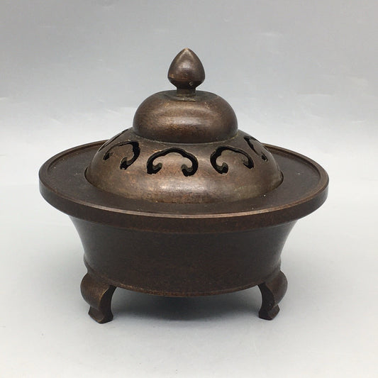 Chinese antique pure copper Ruyi covered circular incense burner