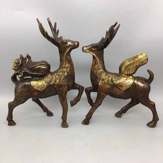 A pair of Chinese antique pure copper cabbage, peanuts, and deer