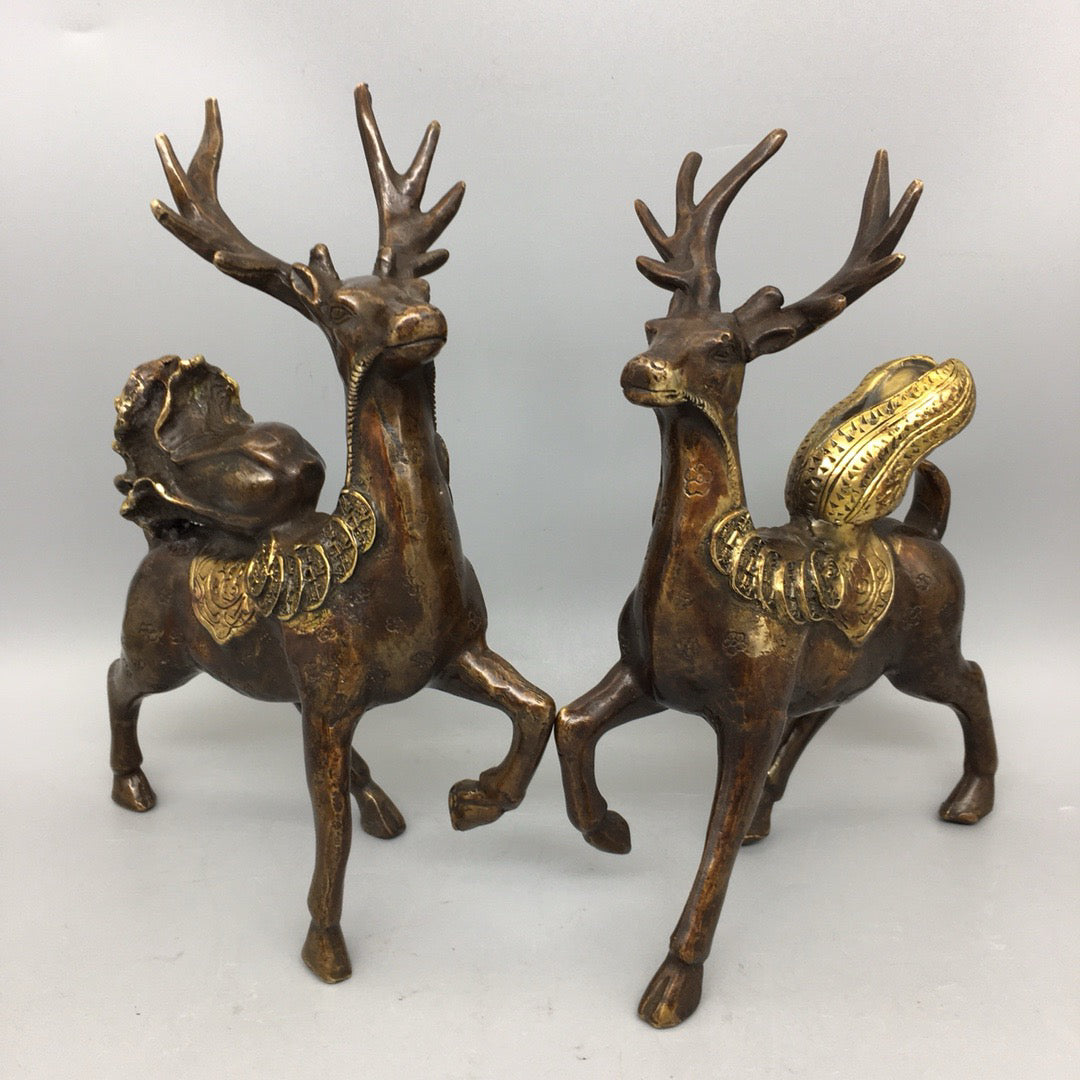 A pair of Chinese antique pure copper cabbage, peanuts, and deer