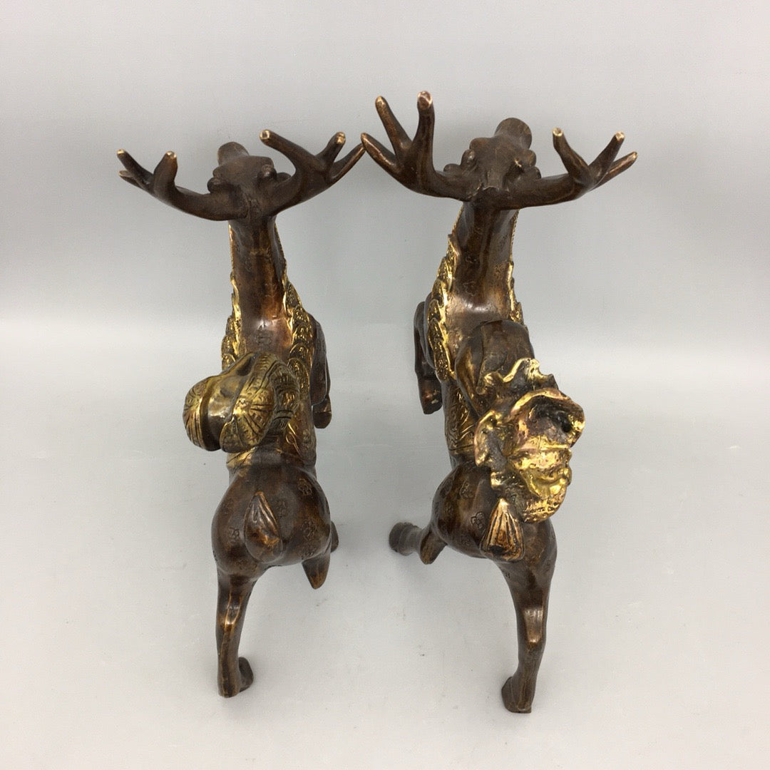 A pair of Chinese antique pure copper cabbage, peanuts, and deer