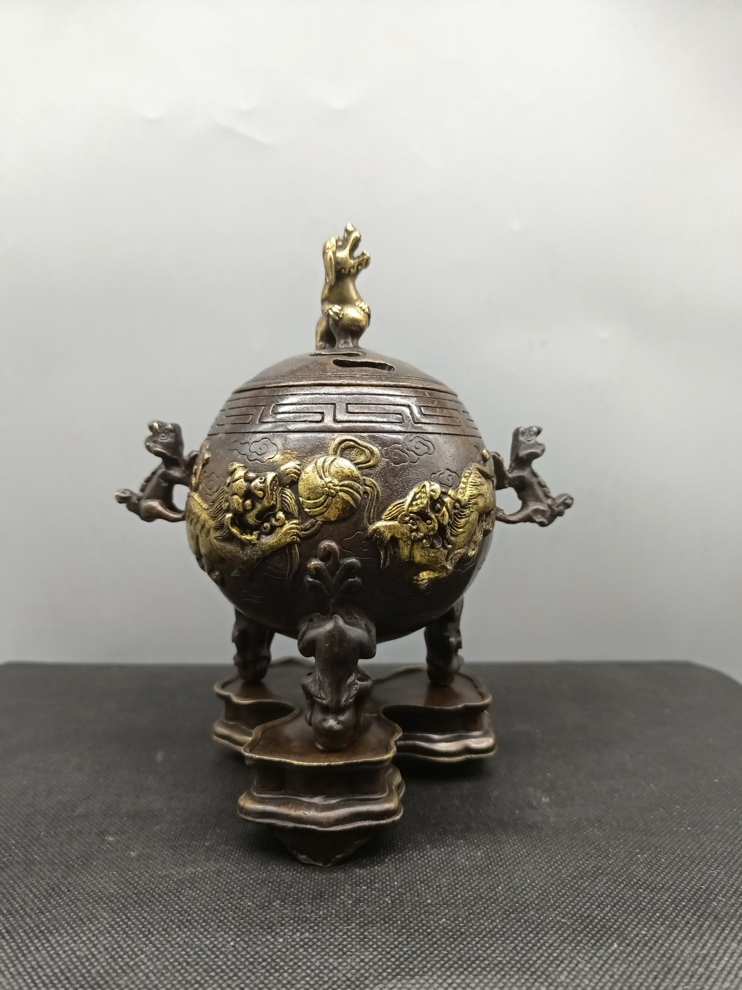 Chinese Antique Pure Copper Three Layer Lion Stove