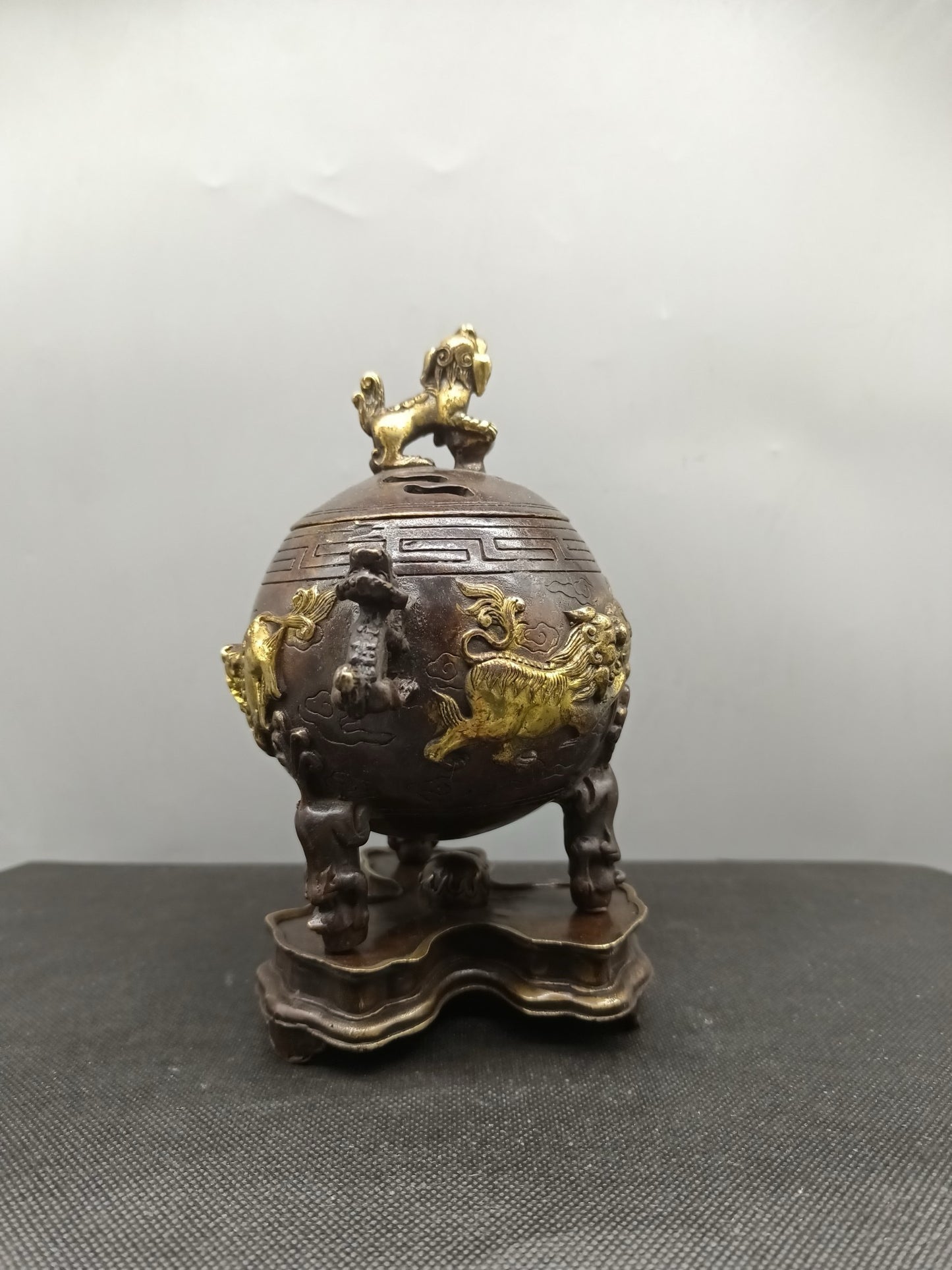 Chinese Antique Pure Copper Three Layer Lion Stove
