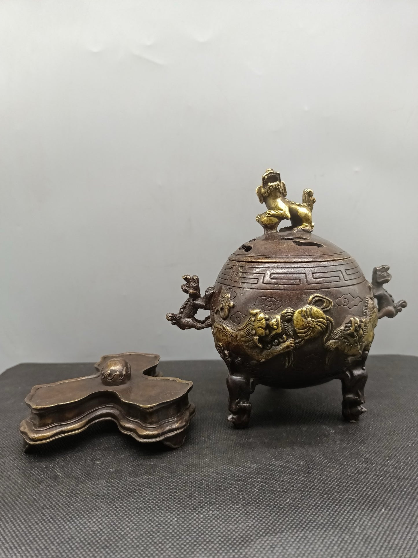 Chinese Antique Pure Copper Three Layer Lion Stove