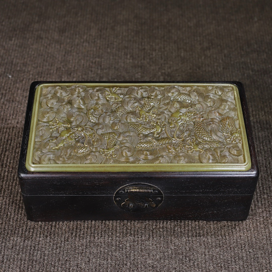 Chinese antique ebony inlaid jade multi treasure box storage box