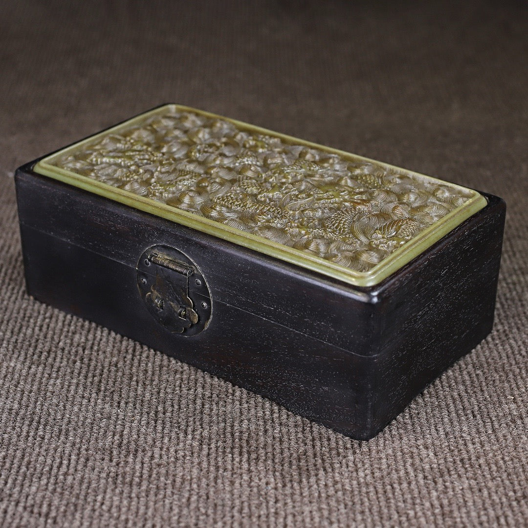 Chinese antique ebony inlaid jade multi treasure box storage box