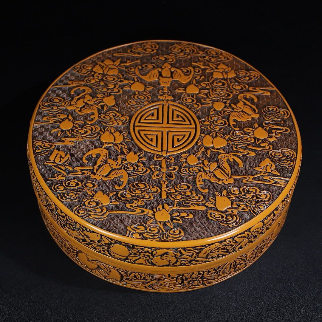 Chinese Antique Yellow Lacquerware Five Blessings Holding Longevity Round Box