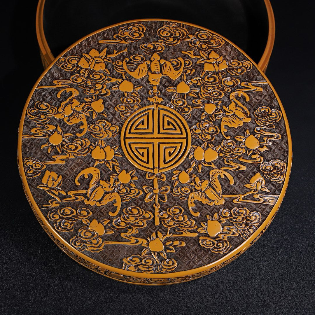 Chinese Antique Yellow Lacquerware Five Blessings Holding Longevity Round Box