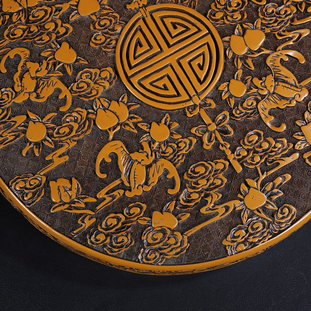 Chinese Antique Yellow Lacquerware Five Blessings Holding Longevity Round Box