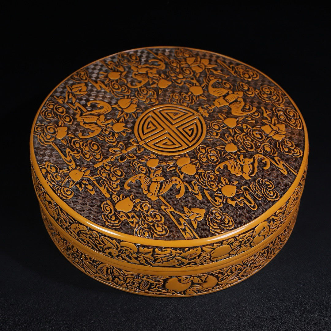 Chinese Antique Yellow Lacquerware Five Blessings Holding Longevity Round Box