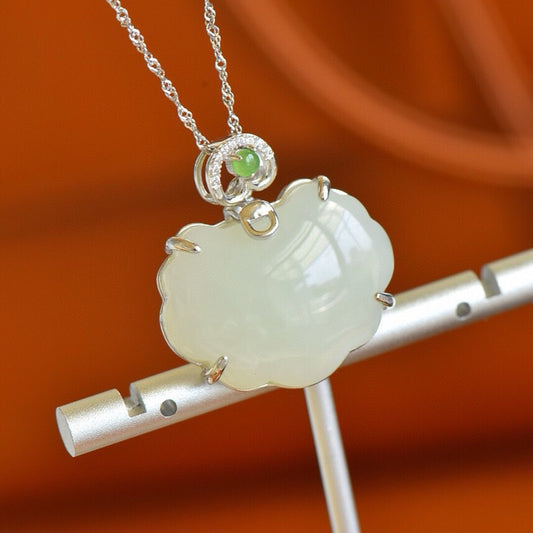 Silver inlaid Hotan Jade safety lock pendant