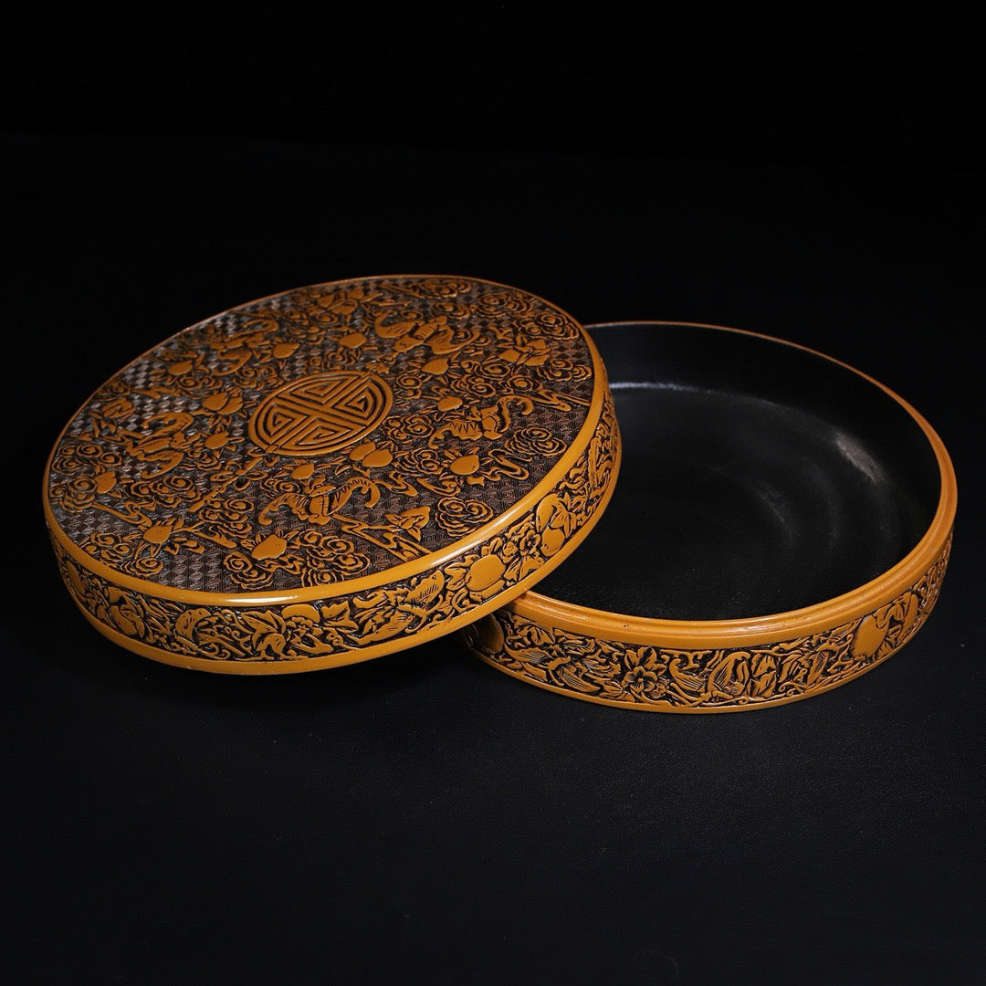 Chinese Antique Yellow Lacquerware Five Blessings Holding Longevity Round Box