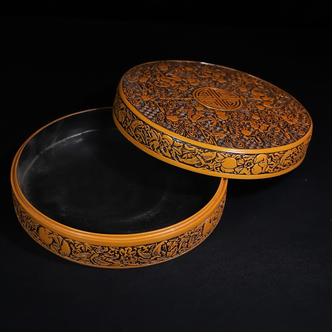 Chinese Antique Yellow Lacquerware Five Blessings Holding Longevity Round Box