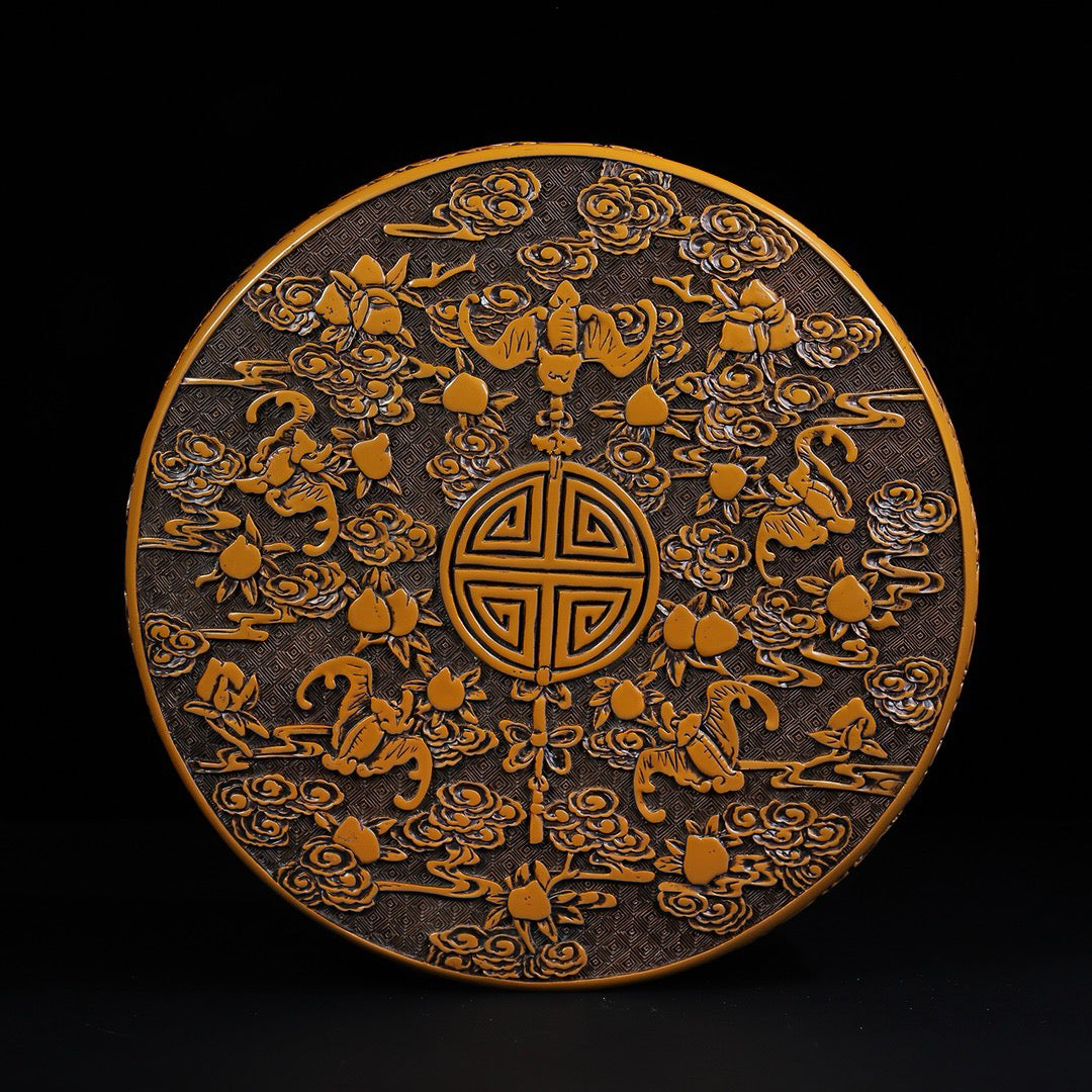 Chinese Antique Yellow Lacquerware Five Blessings Holding Longevity Round Box