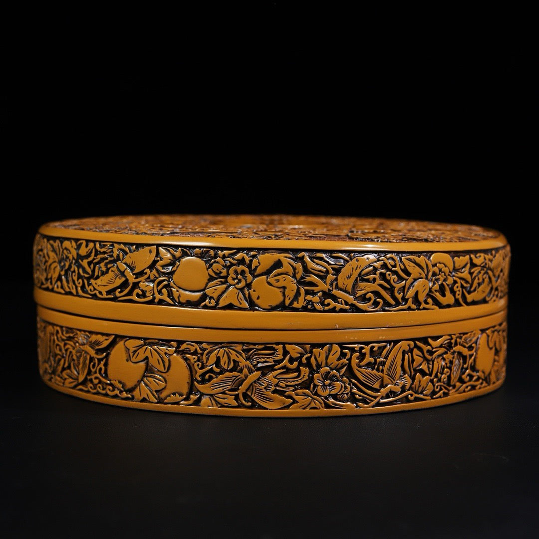Chinese Antique Yellow Lacquerware Five Blessings Holding Longevity Round Box