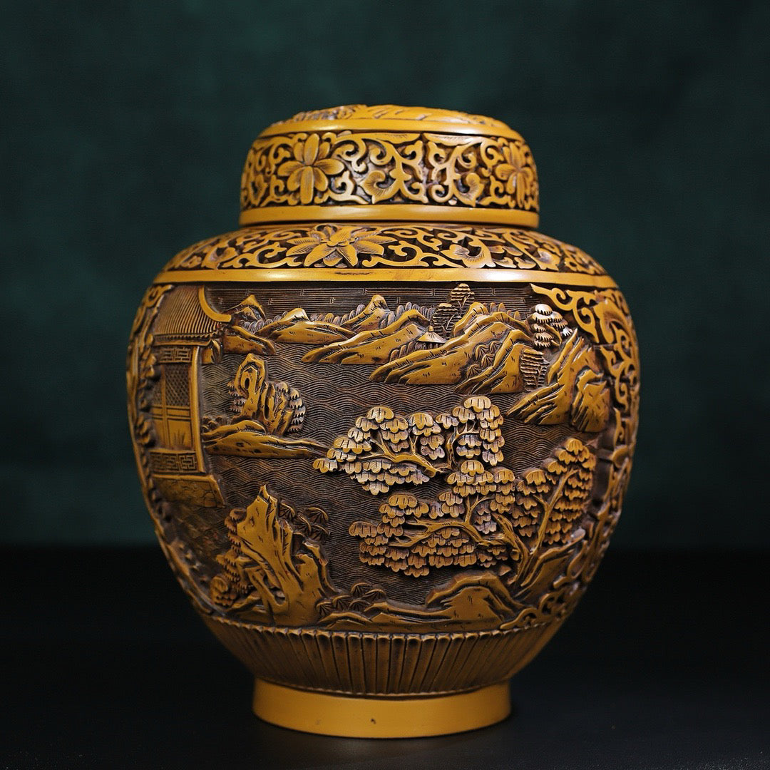 Chinese antique yellow lacquerware with landscape painting jar
