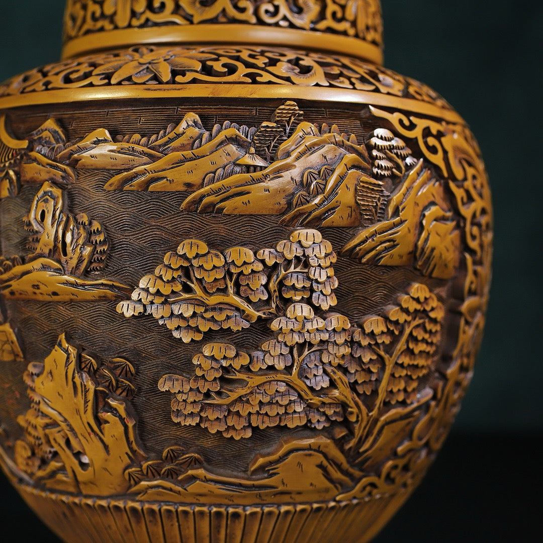 Chinese antique yellow lacquerware with landscape painting jar