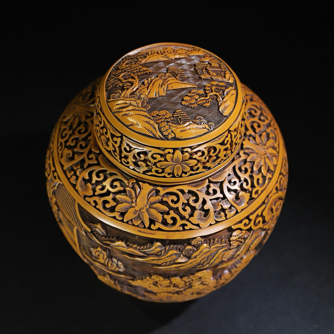 Chinese antique yellow lacquerware with landscape painting jar