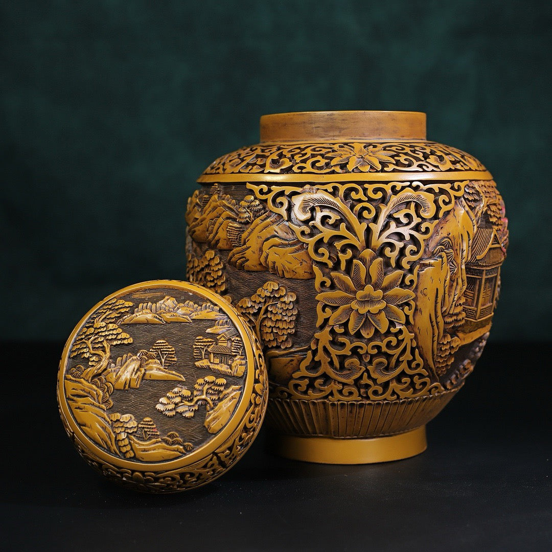 Chinese antique yellow lacquerware with landscape painting jar