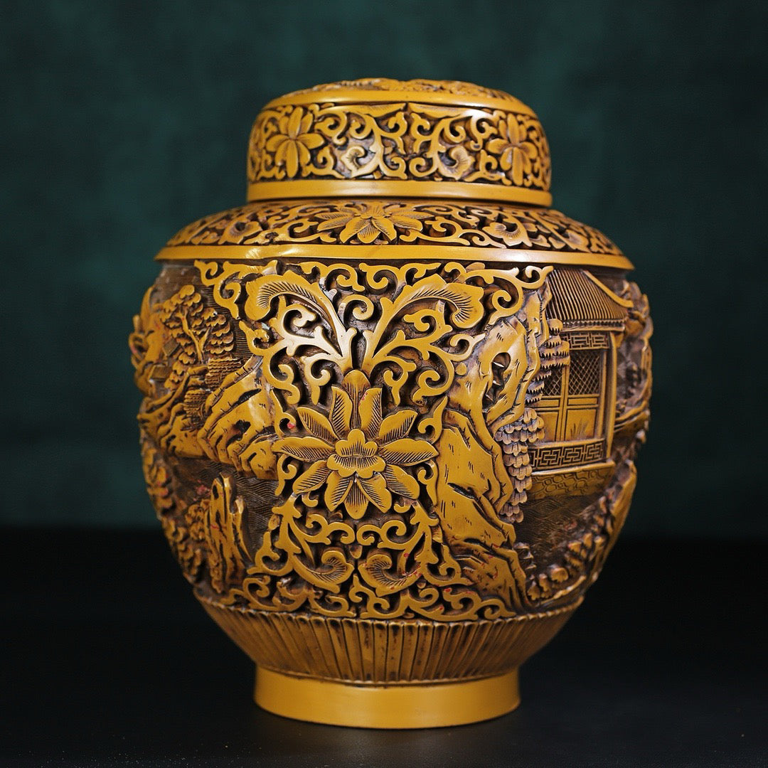 Chinese antique yellow lacquerware with landscape painting jar