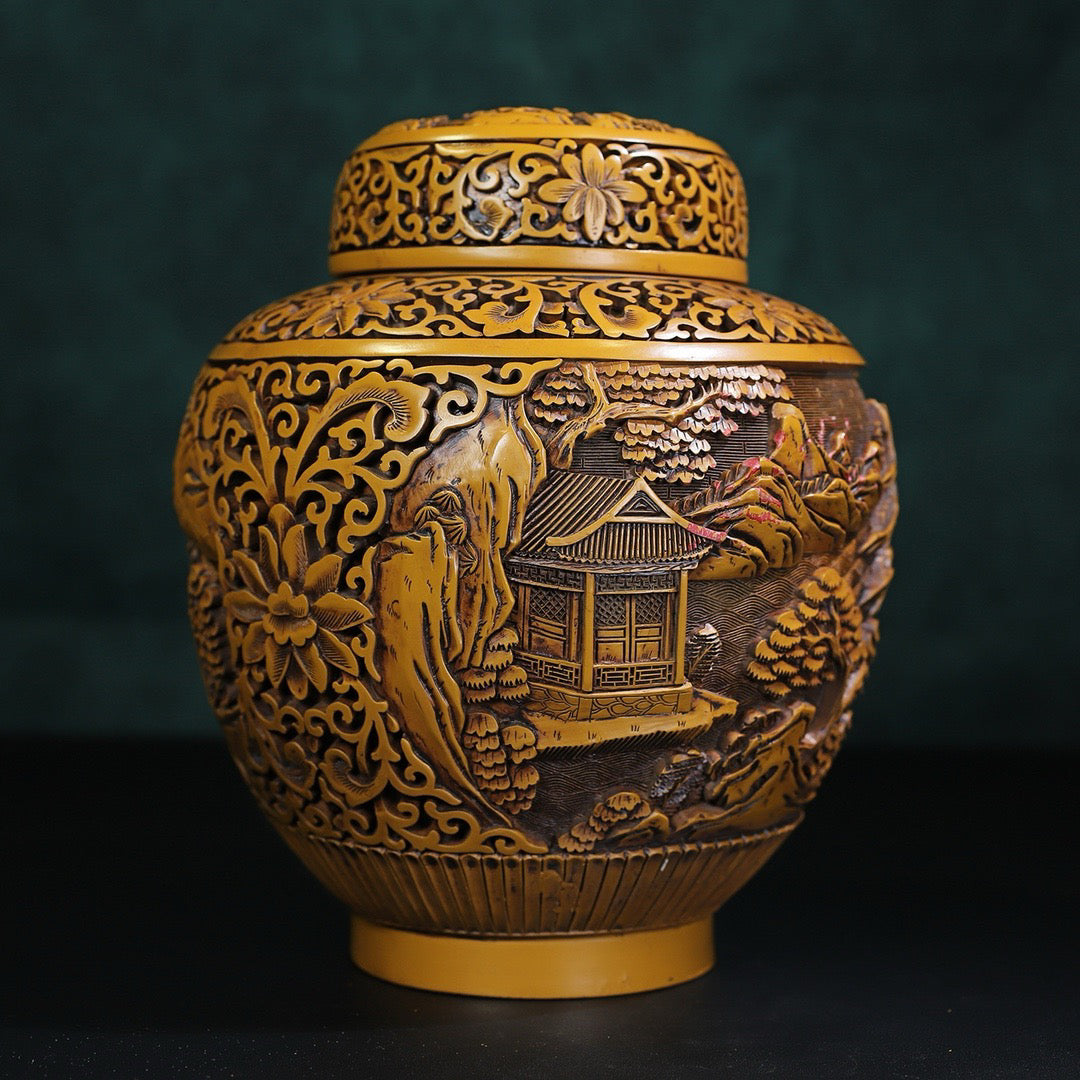 Chinese antique yellow lacquerware with landscape painting jar