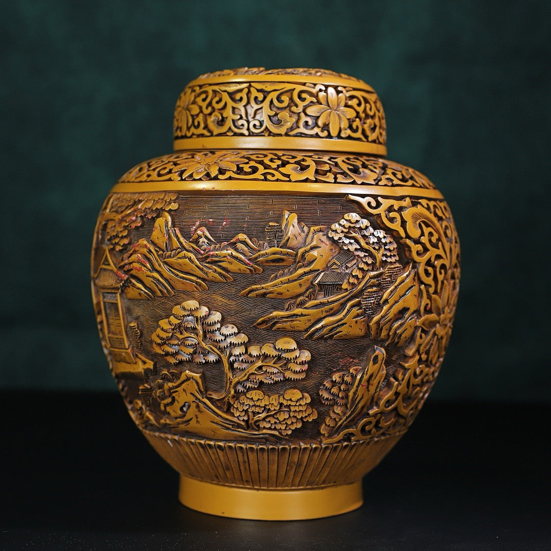 Chinese antique yellow lacquerware with landscape painting jar