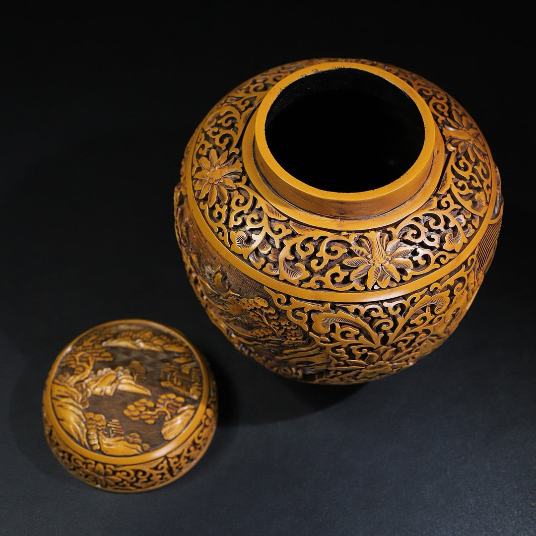 Chinese antique yellow lacquerware with landscape painting jar
