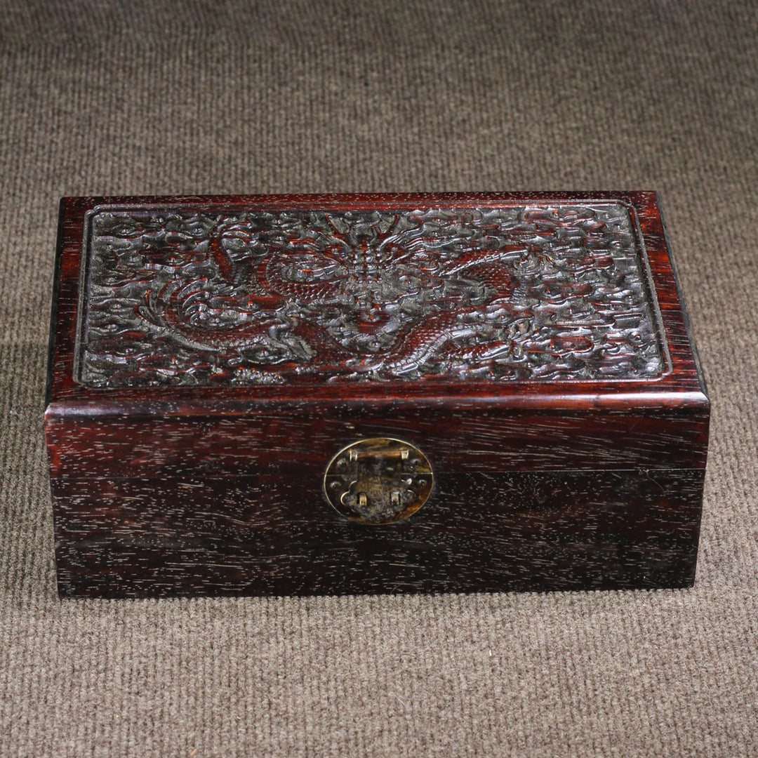 Chinese Antique Purple Sandalwood Carved Xianglong Multi Treasure Box Storage Box