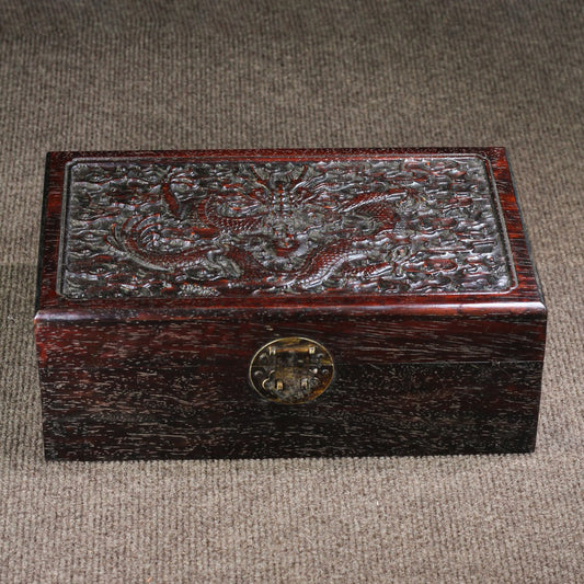 Chinese Antique Purple Sandalwood Carved Xianglong Multi Treasure Box Storage Box