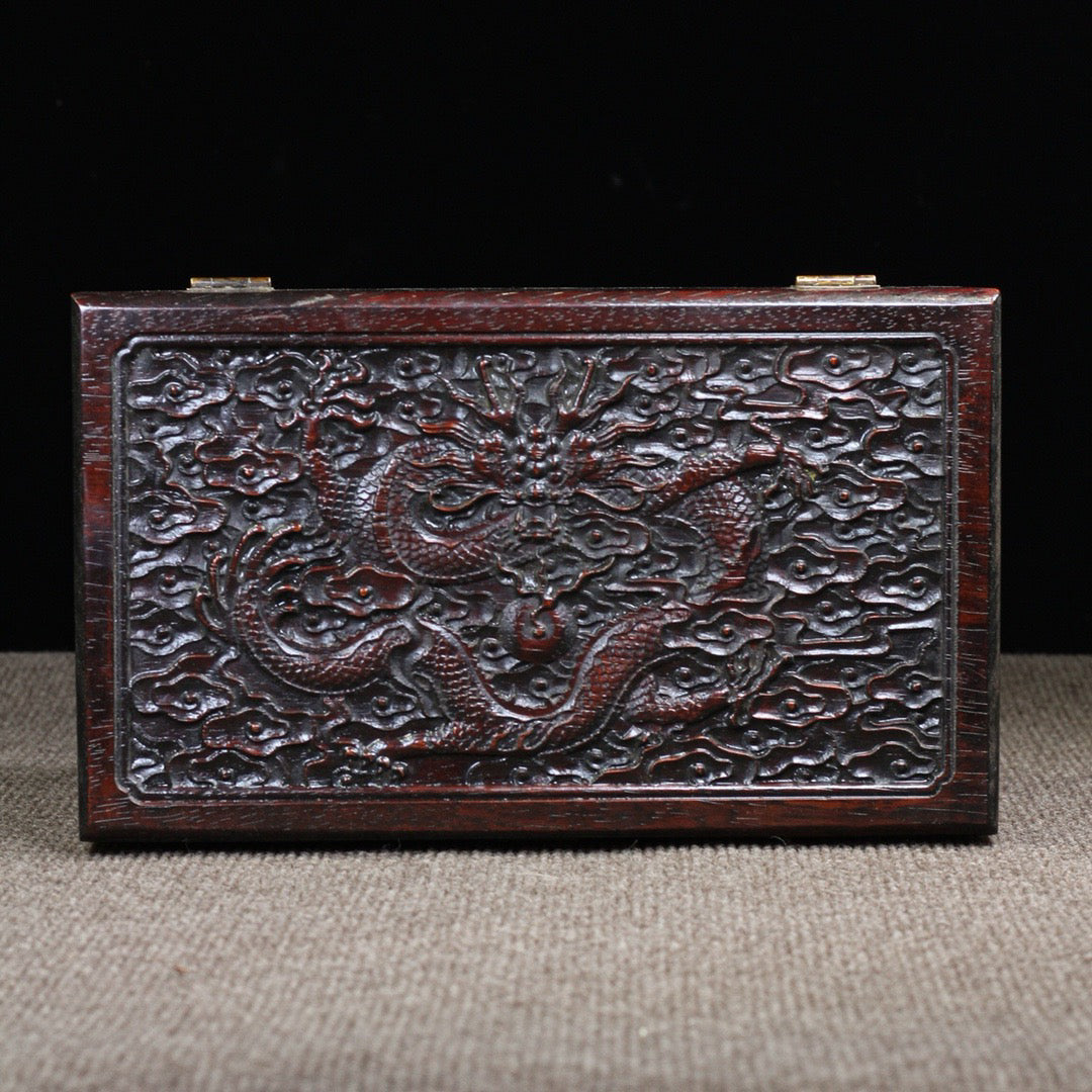 Chinese Antique Purple Sandalwood Carved Xianglong Multi Treasure Box Storage Box