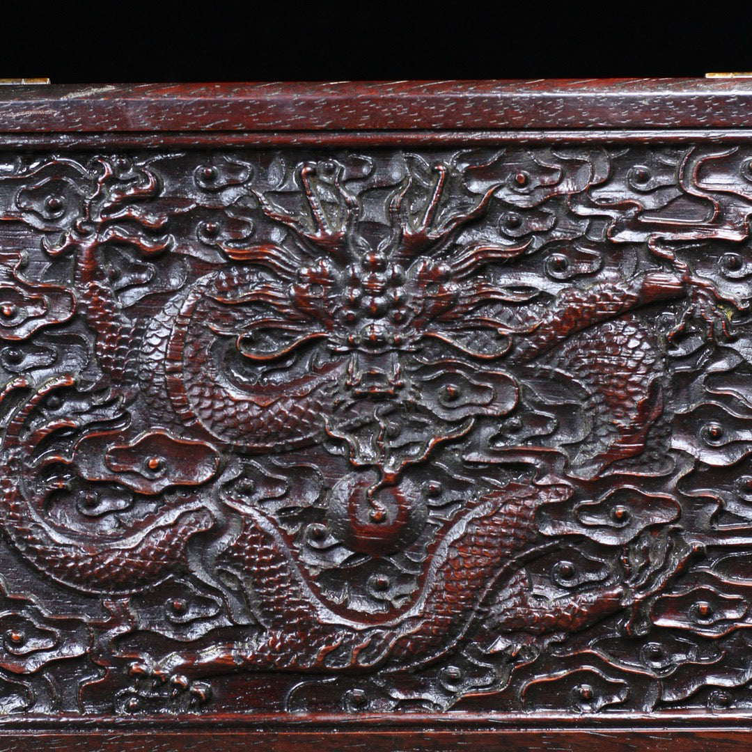 Chinese Antique Purple Sandalwood Carved Xianglong Multi Treasure Box Storage Box